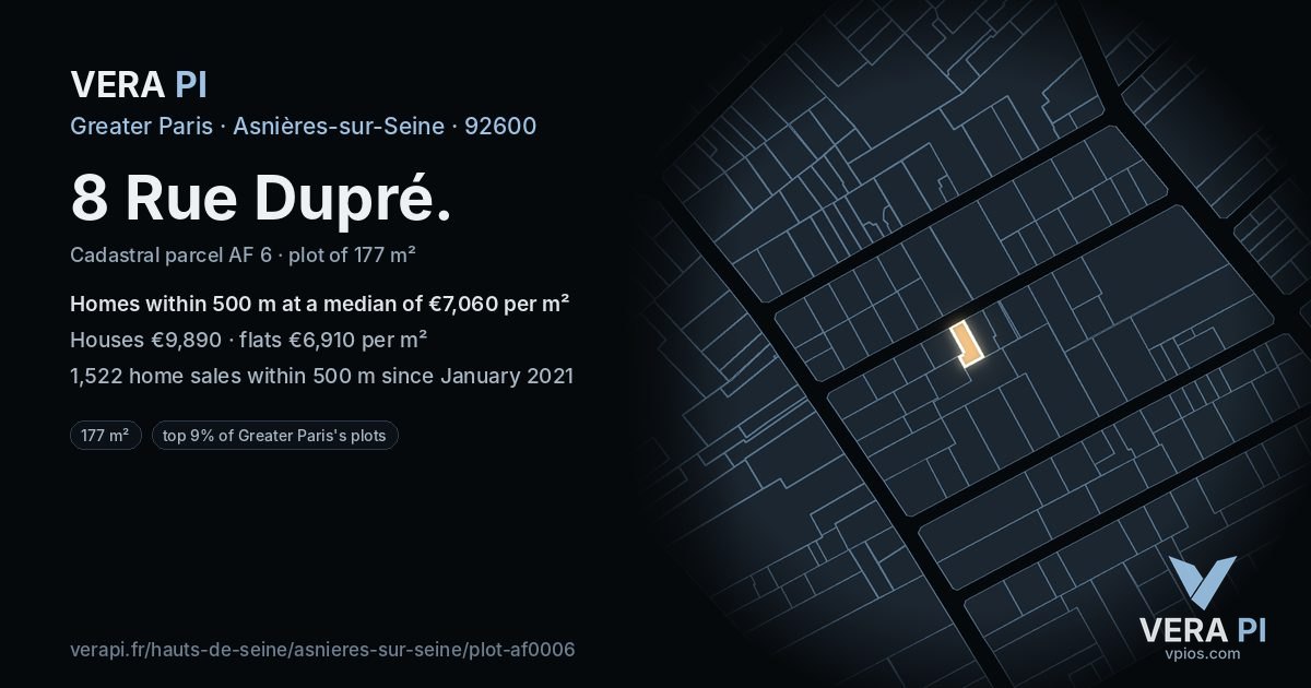 8 Rue Dupré, Asnières-sur-Seine at night – the plot lit, the parcels around coloured by the prices near them