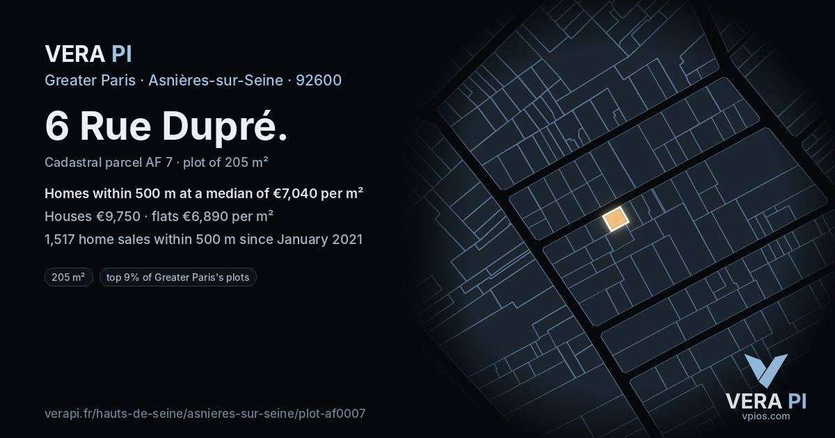 6 Rue Dupré, Asnières-sur-Seine at night – the plot lit, the parcels around coloured by the prices near them