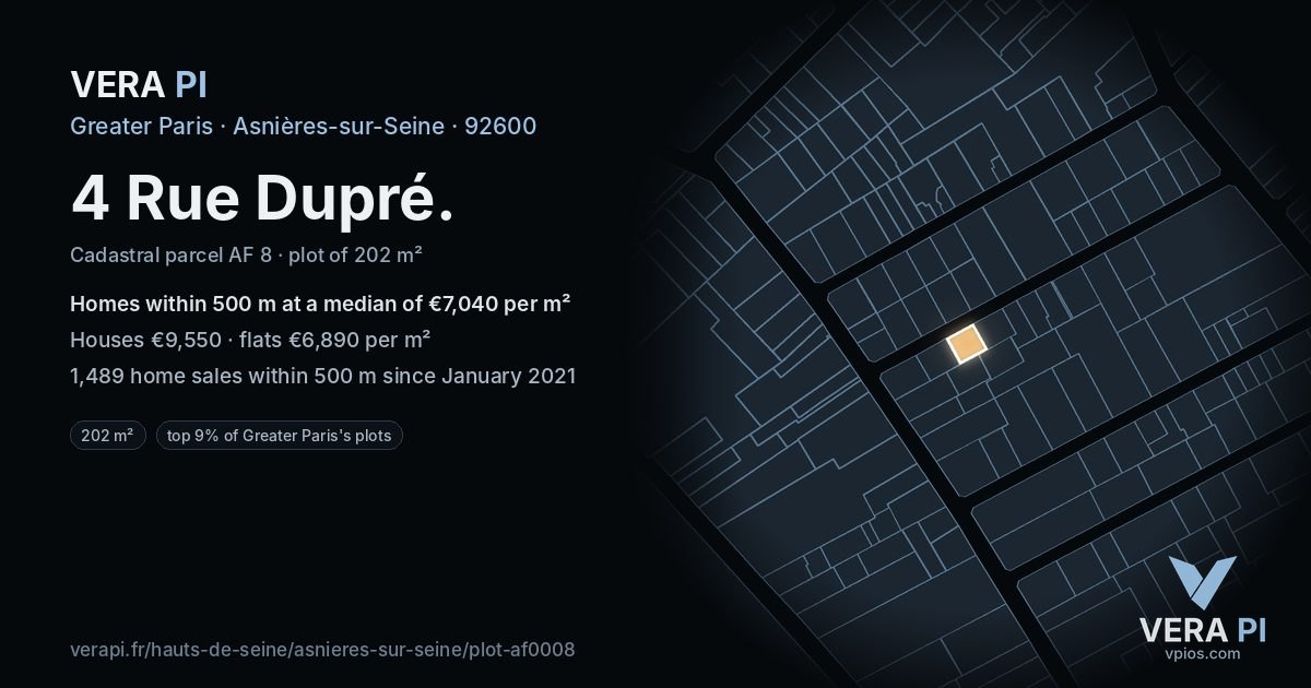 4 Rue Dupré, Asnières-sur-Seine at night – the plot lit, the parcels around coloured by the prices near them