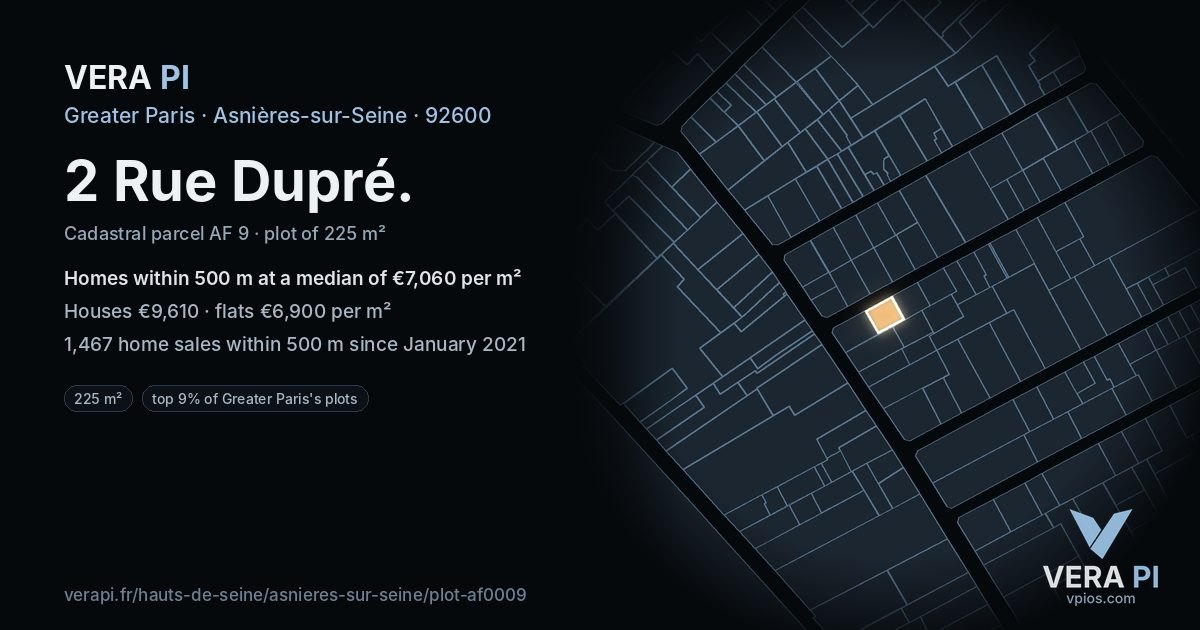 2 Rue Dupré, Asnières-sur-Seine at night – the plot lit, the parcels around coloured by the prices near them