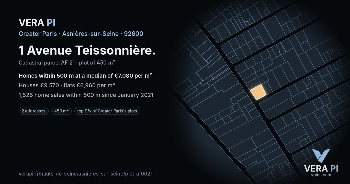1 Avenue Teissonnière, Asnières-sur-Seine at night – the plot lit, the parcels around coloured by the prices near them