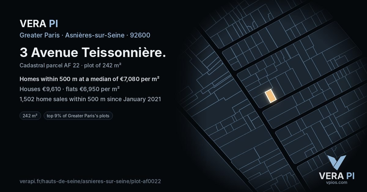 3 Avenue Teissonnière, Asnières-sur-Seine at night – the plot lit, the parcels around coloured by the prices near them