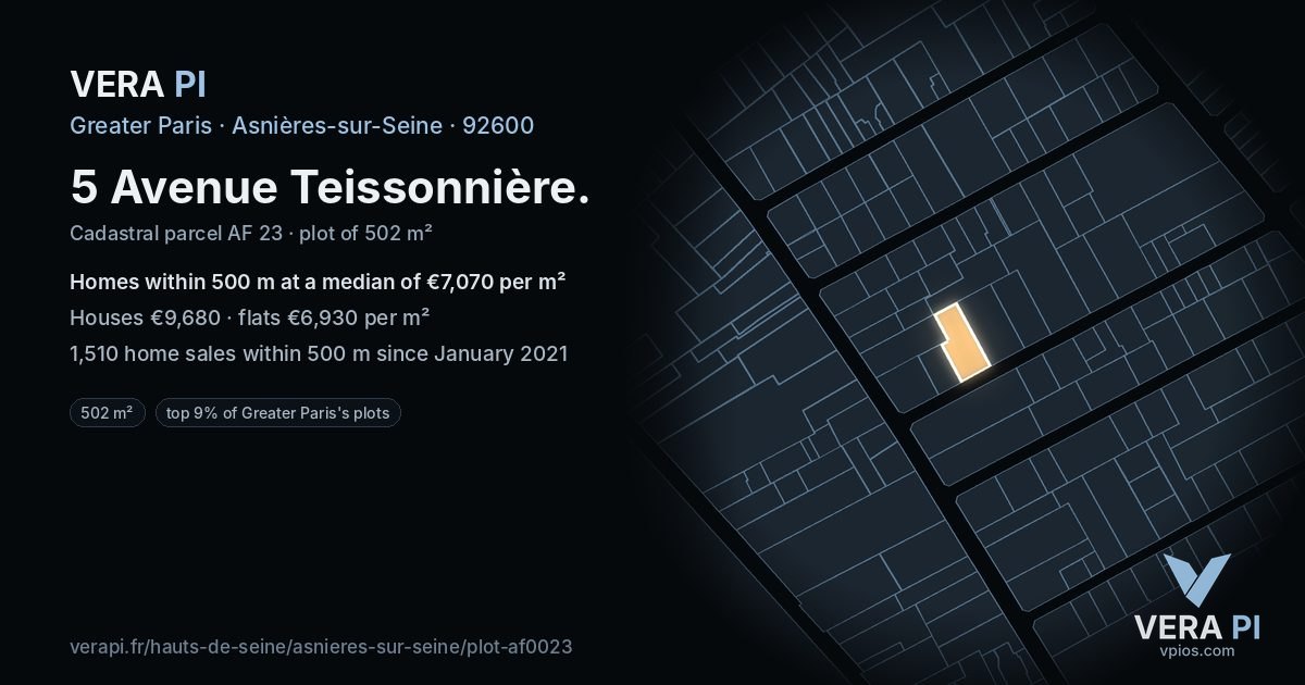 5 Avenue Teissonnière, Asnières-sur-Seine at night – the plot lit, the parcels around coloured by the prices near them
