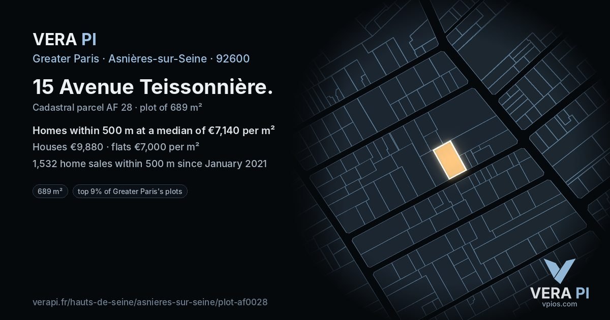 15 Avenue Teissonnière, Asnières-sur-Seine at night – the plot lit, the parcels around coloured by the prices near them
