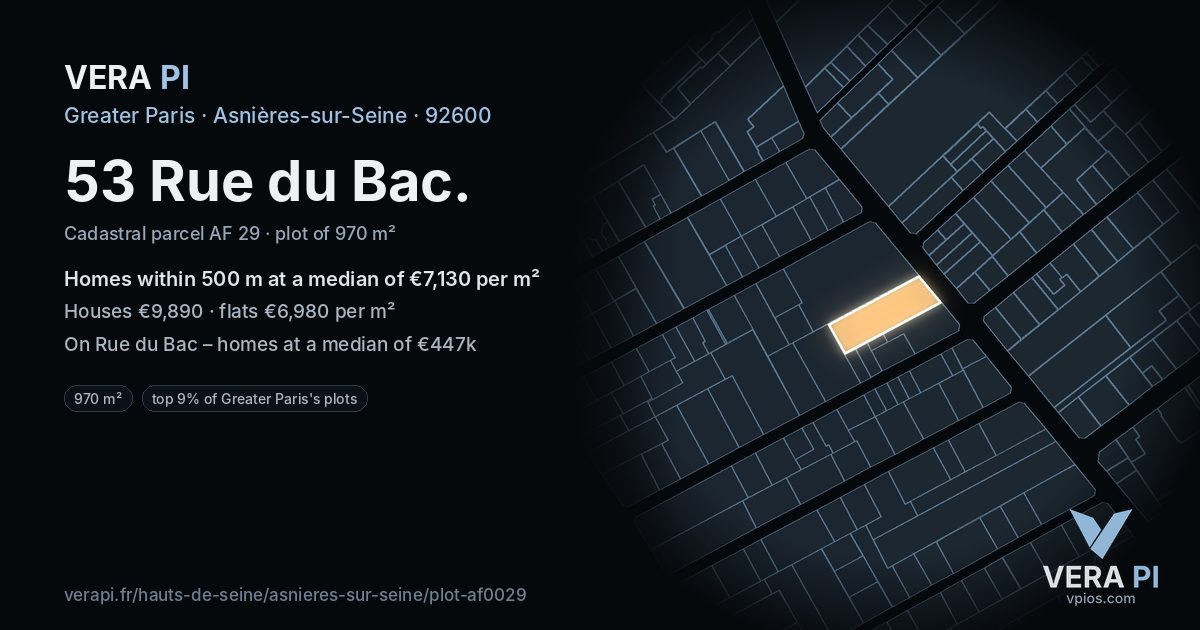 53 Rue du Bac, Asnières-sur-Seine at night – the plot lit, the parcels around coloured by the prices near them