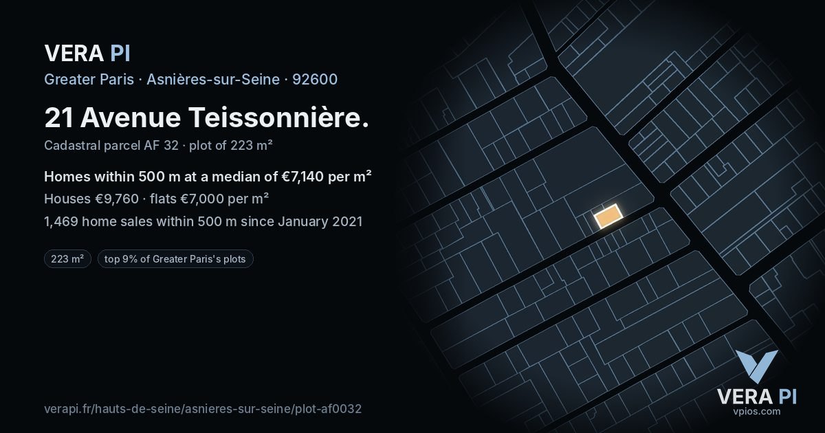 21 Avenue Teissonnière, Asnières-sur-Seine at night – the plot lit, the parcels around coloured by the prices near them