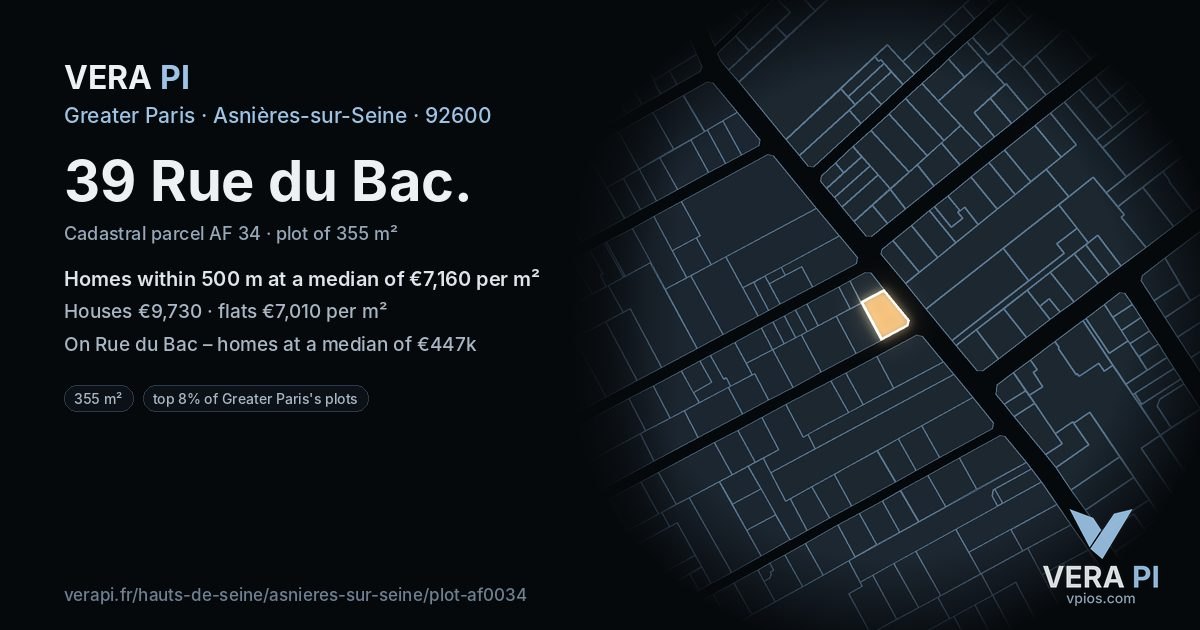 39 Rue du Bac, Asnières-sur-Seine at night – the plot lit, the parcels around coloured by the prices near them