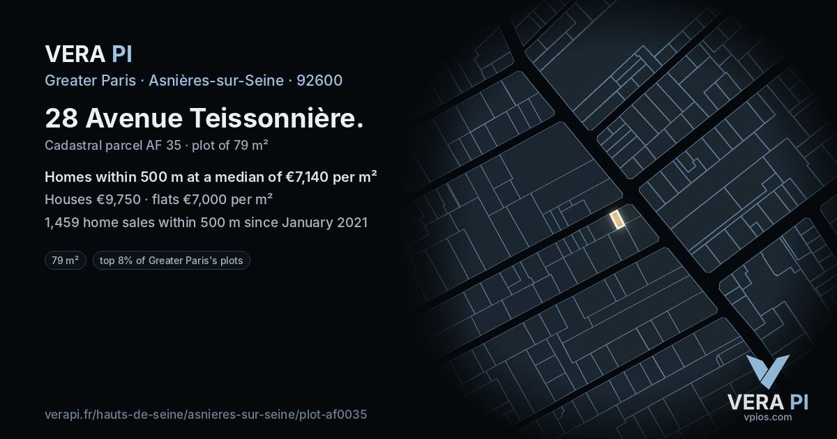 28 Avenue Teissonnière, Asnières-sur-Seine at night – the plot lit, the parcels around coloured by the prices near them