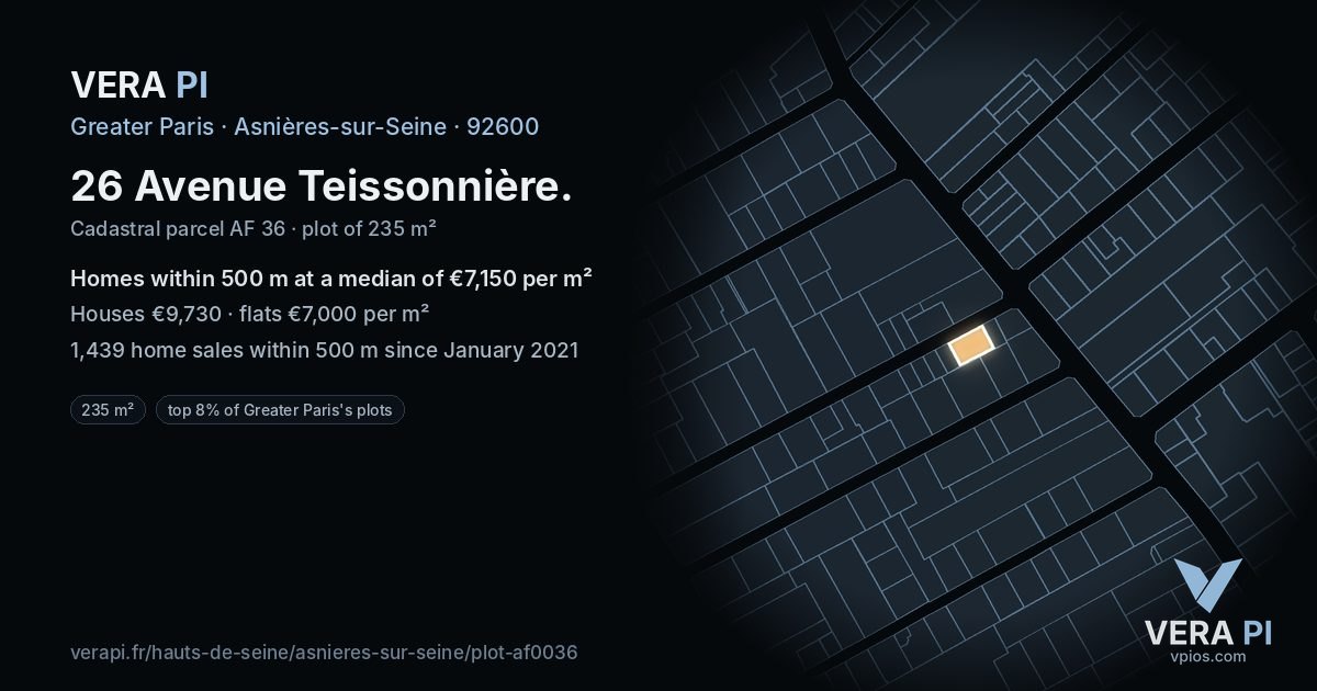 26 Avenue Teissonnière, Asnières-sur-Seine at night – the plot lit, the parcels around coloured by the prices near them