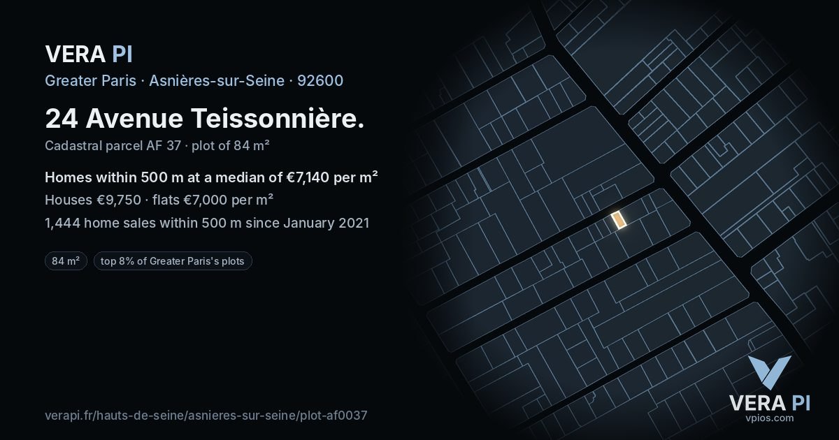 24 Avenue Teissonnière, Asnières-sur-Seine at night – the plot lit, the parcels around coloured by the prices near them