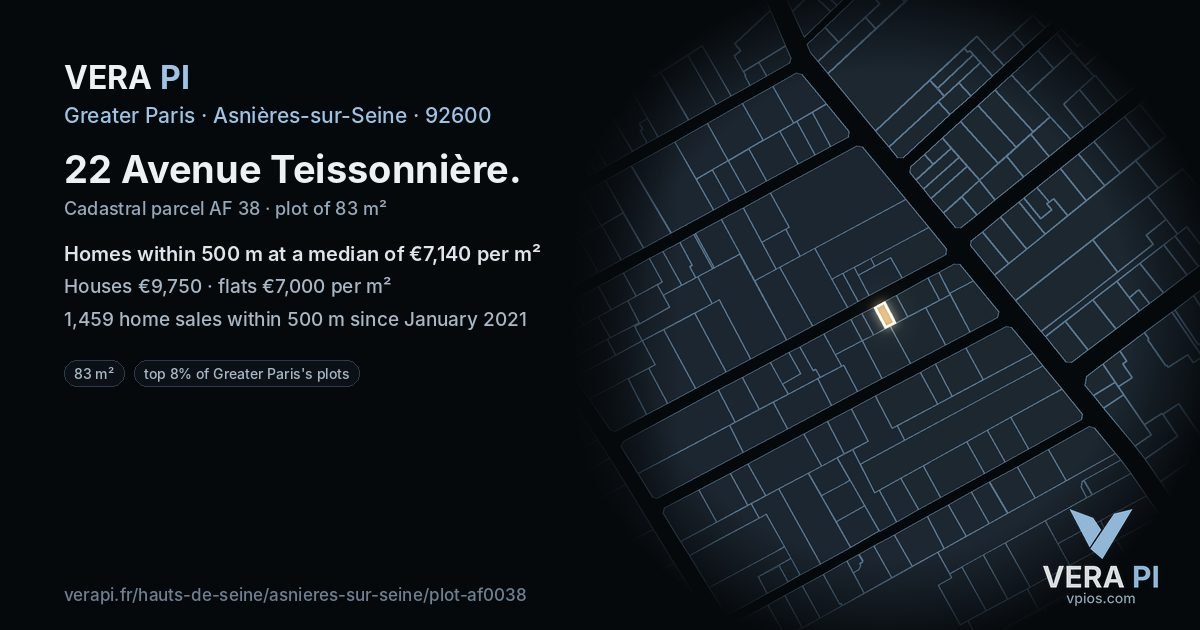 22 Avenue Teissonnière, Asnières-sur-Seine at night – the plot lit, the parcels around coloured by the prices near them