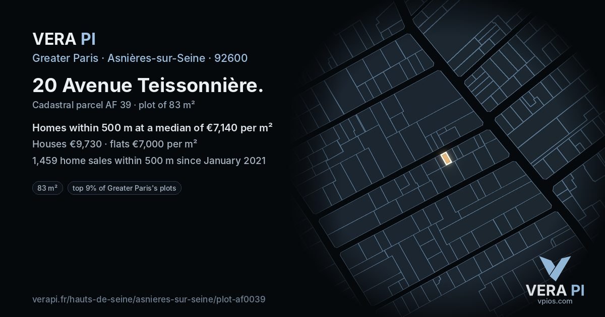 20 Avenue Teissonnière, Asnières-sur-Seine at night – the plot lit, the parcels around coloured by the prices near them