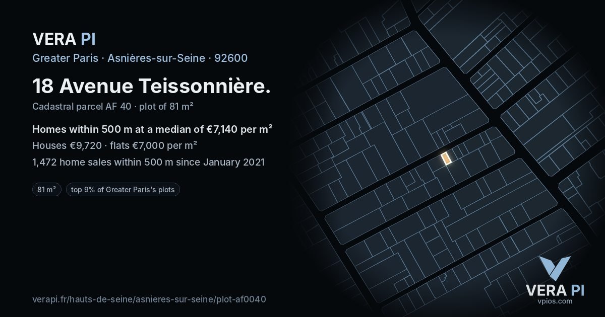 18 Avenue Teissonnière, Asnières-sur-Seine at night – the plot lit, the parcels around coloured by the prices near them
