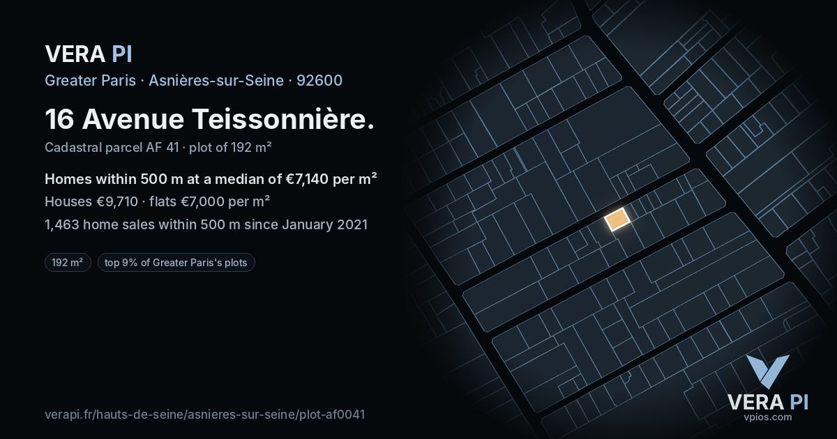 16 Avenue Teissonnière, Asnières-sur-Seine at night – the plot lit, the parcels around coloured by the prices near them