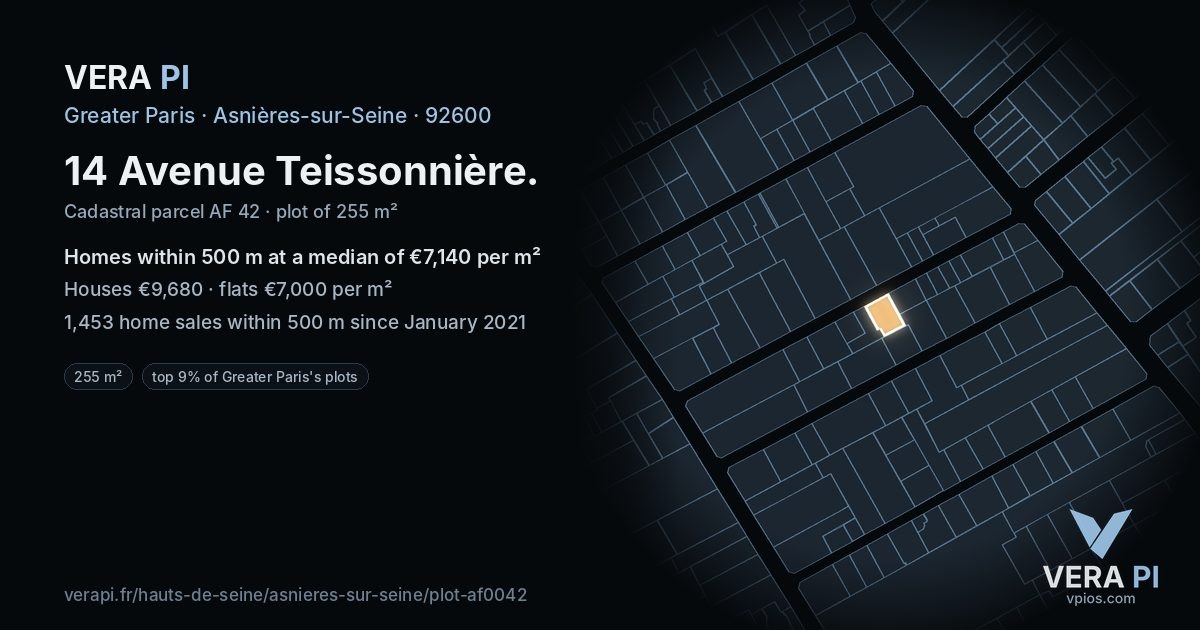 14 Avenue Teissonnière, Asnières-sur-Seine at night – the plot lit, the parcels around coloured by the prices near them