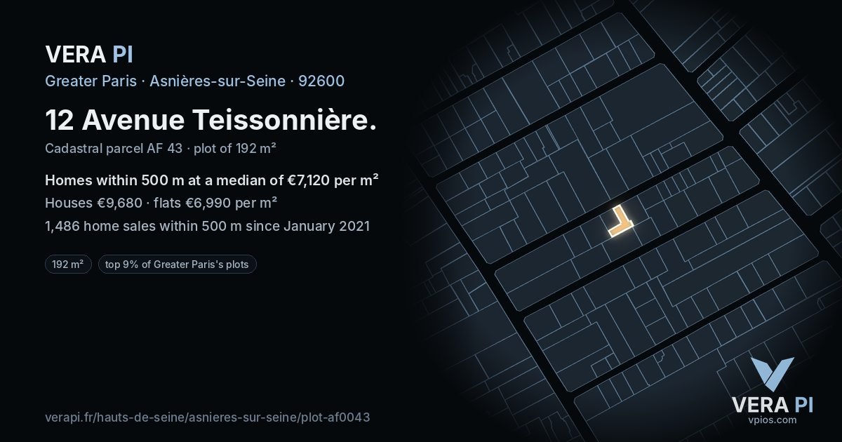 12 Avenue Teissonnière, Asnières-sur-Seine at night – the plot lit, the parcels around coloured by the prices near them