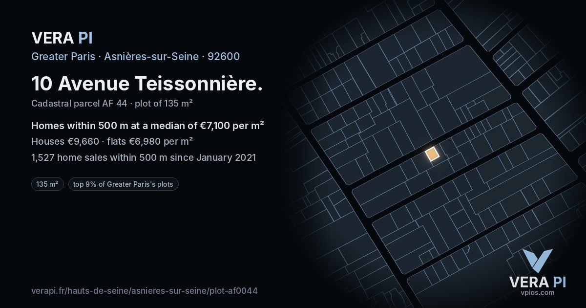 10 Avenue Teissonnière, Asnières-sur-Seine at night – the plot lit, the parcels around coloured by the prices near them