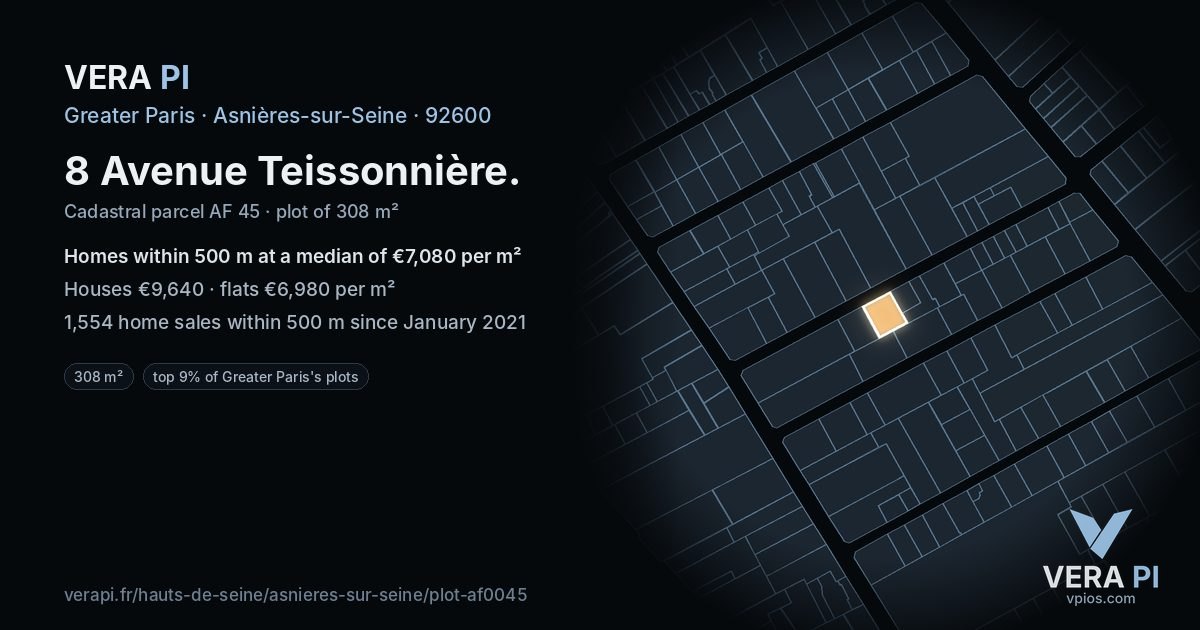 8 Avenue Teissonnière, Asnières-sur-Seine at night – the plot lit, the parcels around coloured by the prices near them