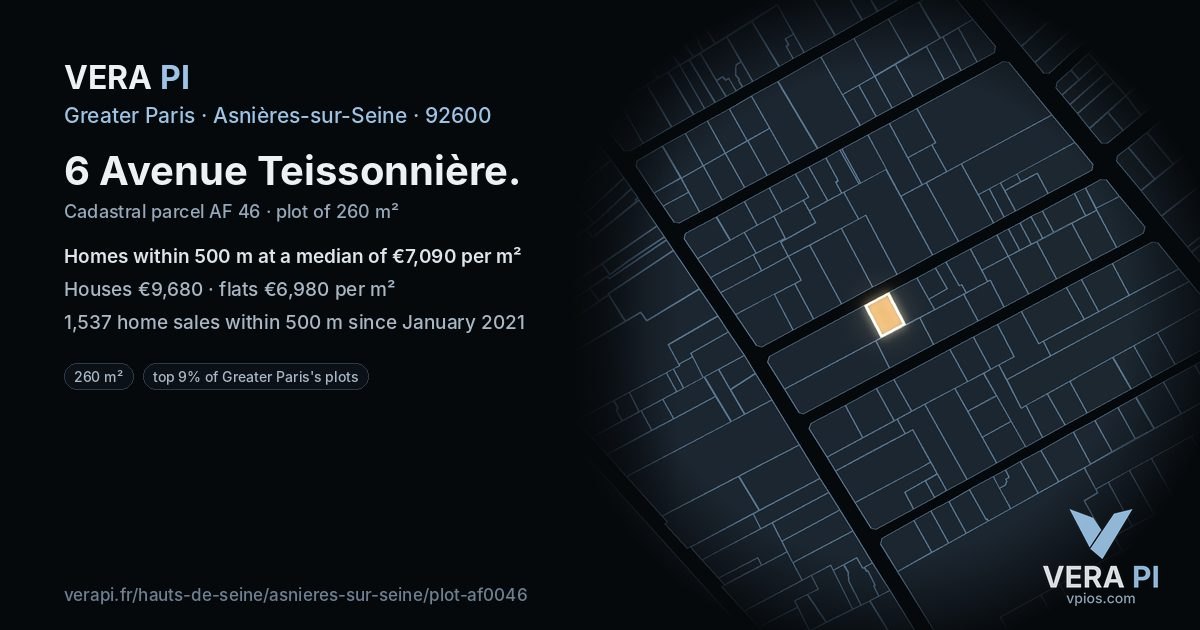 6 Avenue Teissonnière, Asnières-sur-Seine at night – the plot lit, the parcels around coloured by the prices near them
