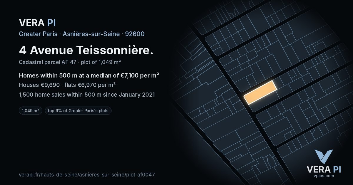 4 Avenue Teissonnière, Asnières-sur-Seine at night – the plot lit, the parcels around coloured by the prices near them