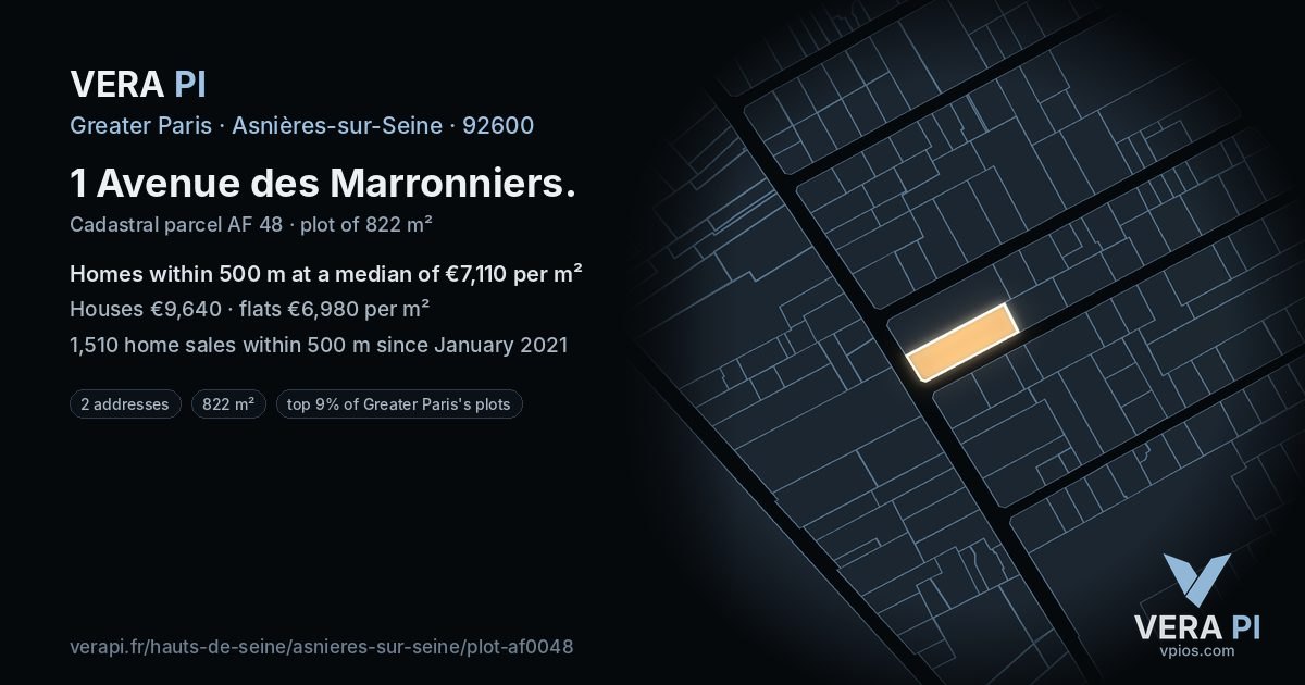 1 Avenue des Marronniers, Asnières-sur-Seine at night – the plot lit, the parcels around coloured by the prices near them