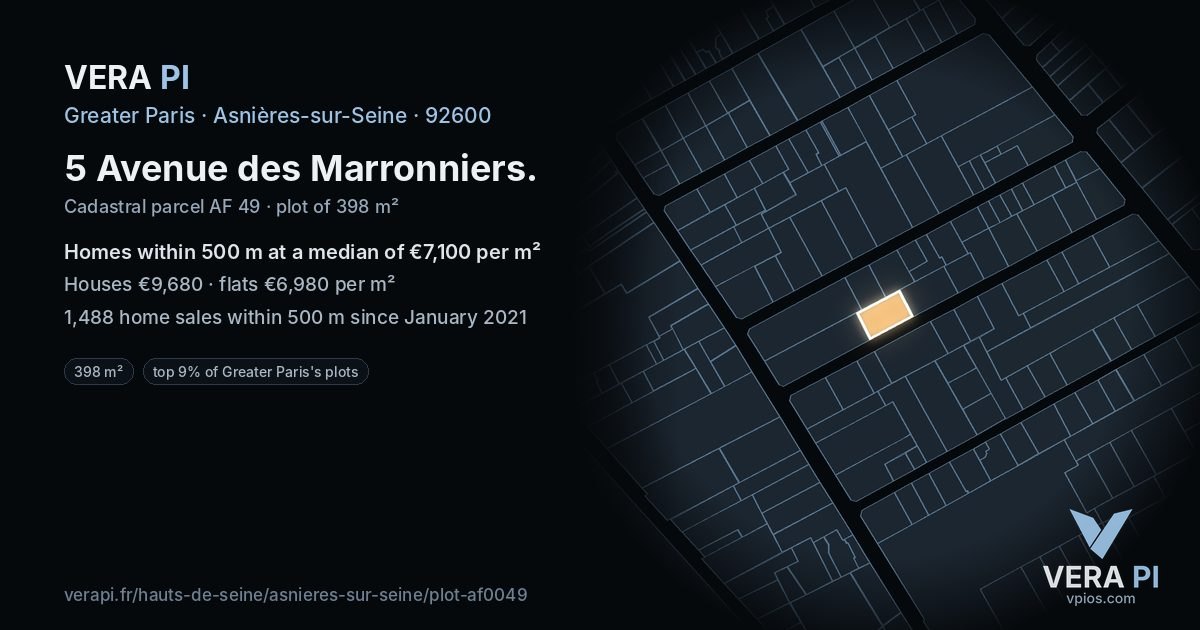 5 Avenue des Marronniers, Asnières-sur-Seine at night – the plot lit, the parcels around coloured by the prices near them