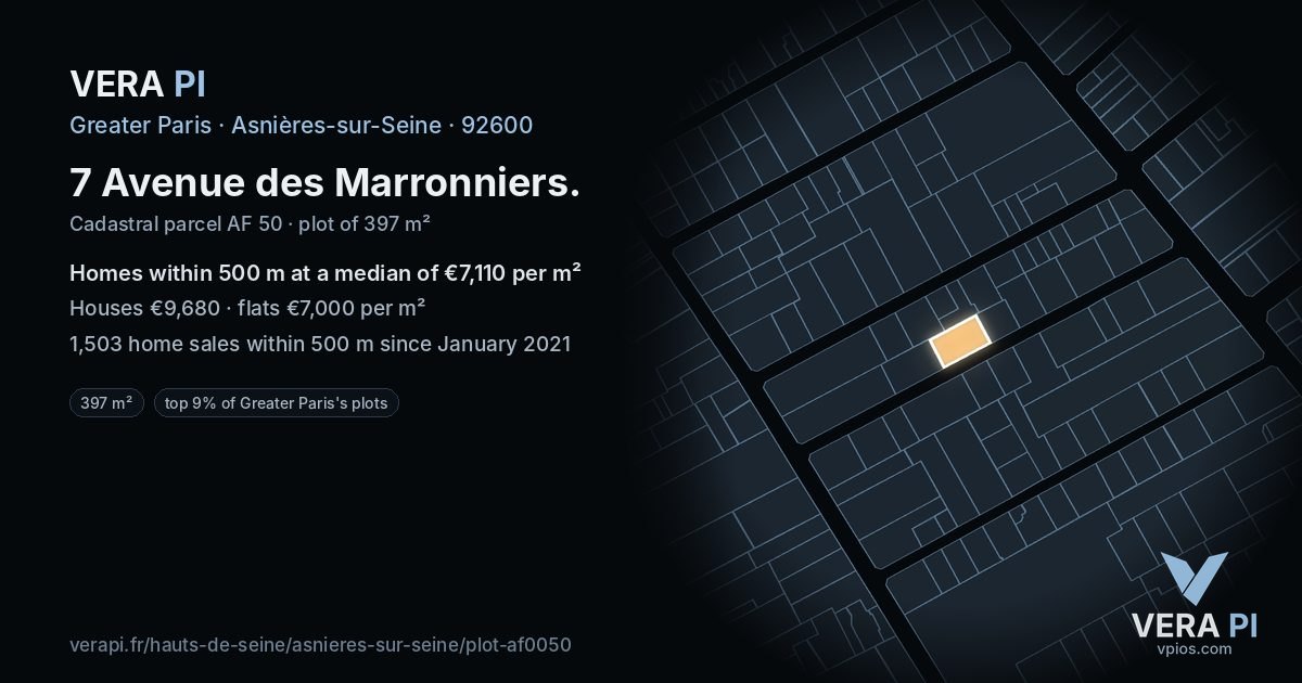 7 Avenue des Marronniers, Asnières-sur-Seine at night – the plot lit, the parcels around coloured by the prices near them