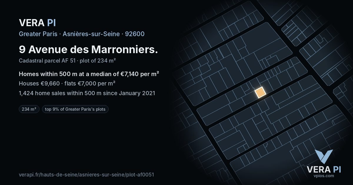 9 Avenue des Marronniers, Asnières-sur-Seine at night – the plot lit, the parcels around coloured by the prices near them