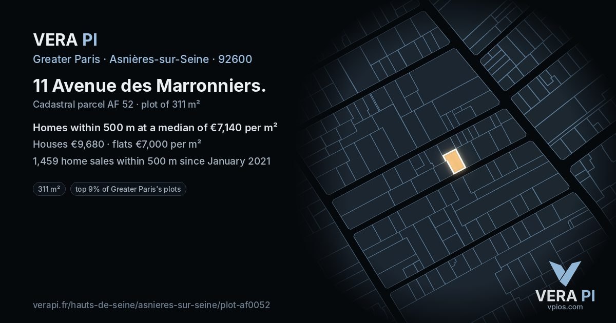11 Avenue des Marronniers, Asnières-sur-Seine at night – the plot lit, the parcels around coloured by the prices near them