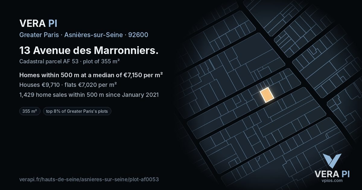 13 Avenue des Marronniers, Asnières-sur-Seine at night – the plot lit, the parcels around coloured by the prices near them