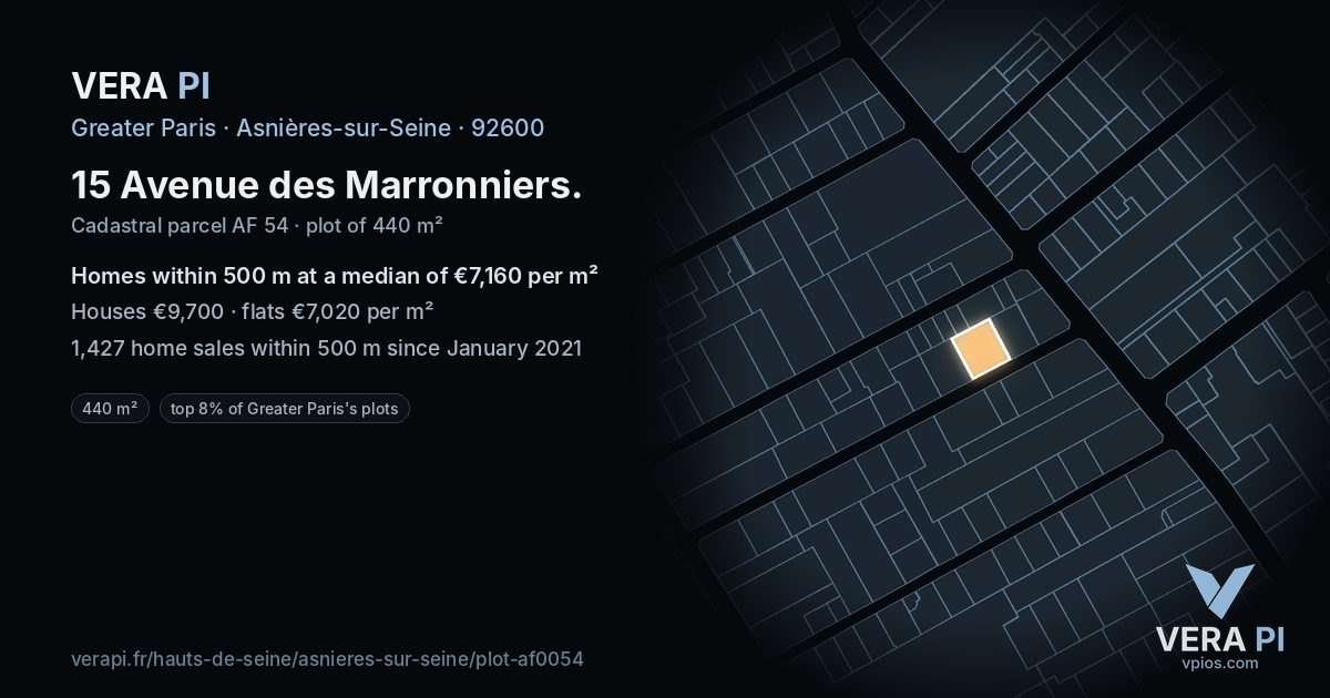 15 Avenue des Marronniers, Asnières-sur-Seine at night – the plot lit, the parcels around coloured by the prices near them
