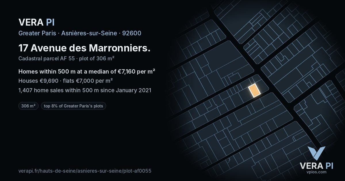 17 Avenue des Marronniers, Asnières-sur-Seine at night – the plot lit, the parcels around coloured by the prices near them