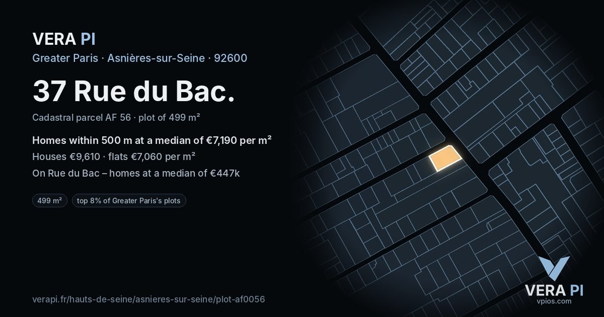 37 Rue du Bac, Asnières-sur-Seine at night – the plot lit, the parcels around coloured by the prices near them