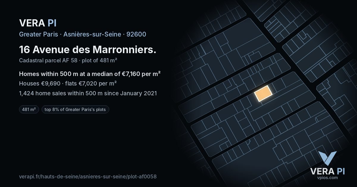 16 Avenue des Marronniers, Asnières-sur-Seine at night – the plot lit, the parcels around coloured by the prices near them