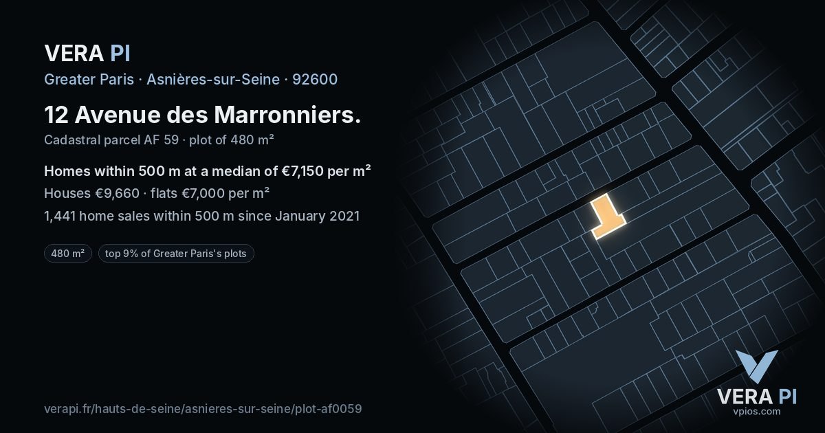 12 Avenue des Marronniers, Asnières-sur-Seine at night – the plot lit, the parcels around coloured by the prices near them