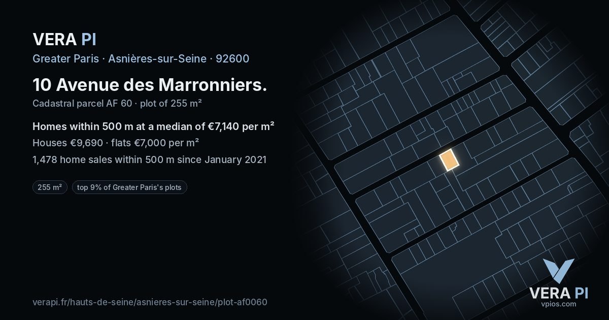 10 Avenue des Marronniers, Asnières-sur-Seine at night – the plot lit, the parcels around coloured by the prices near them