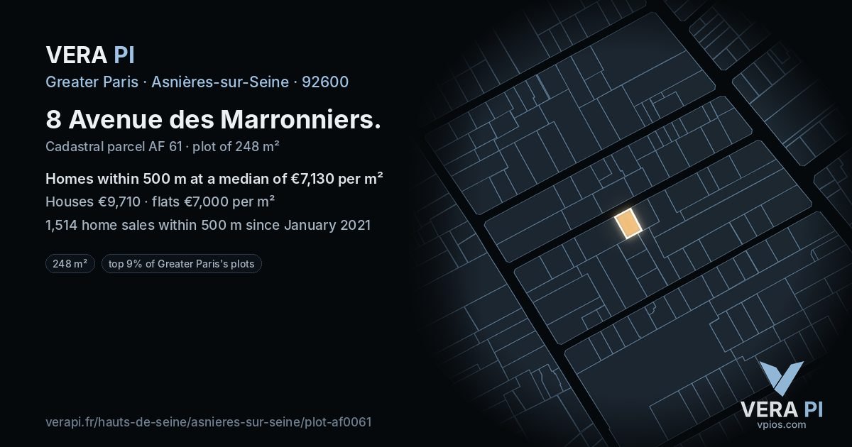 8 Avenue des Marronniers, Asnières-sur-Seine at night – the plot lit, the parcels around coloured by the prices near them