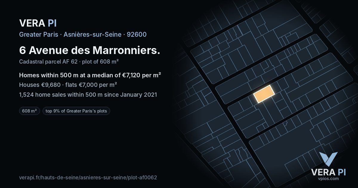 6 Avenue des Marronniers, Asnières-sur-Seine at night – the plot lit, the parcels around coloured by the prices near them