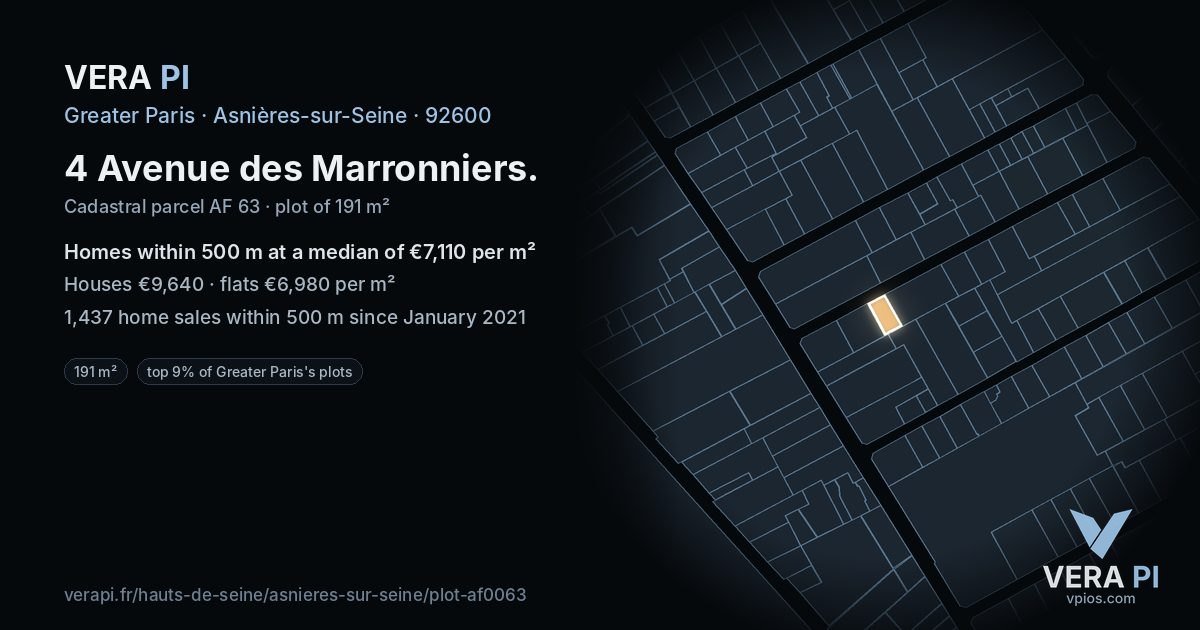 4 Avenue des Marronniers, Asnières-sur-Seine at night – the plot lit, the parcels around coloured by the prices near them