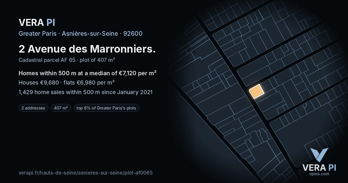 2 Avenue des Marronniers, Asnières-sur-Seine at night – the plot lit, the parcels around coloured by the prices near them