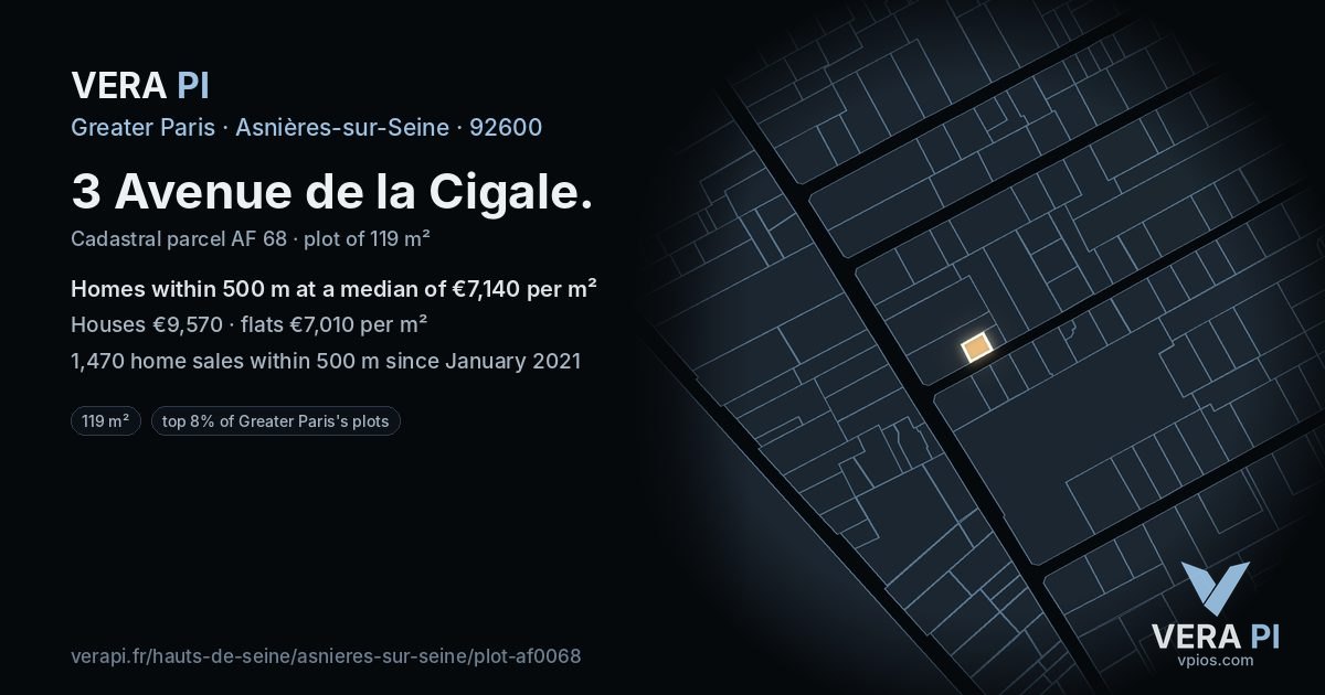 3 Avenue de la Cigale, Asnières-sur-Seine at night – the plot lit, the parcels around coloured by the prices near them