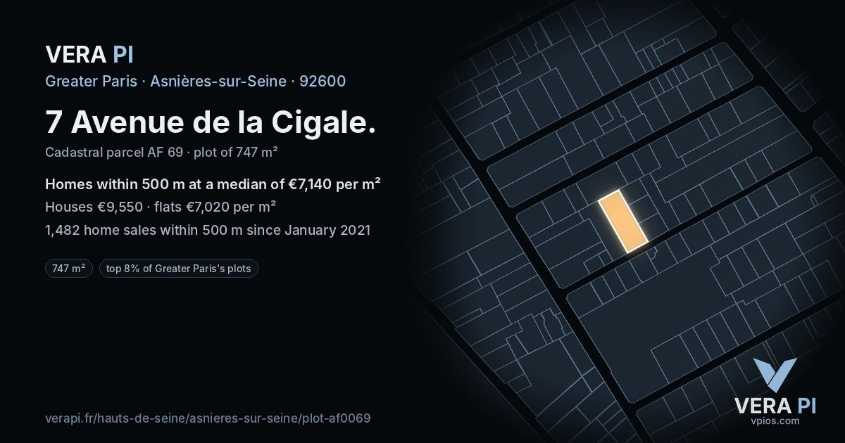 7 Avenue de la Cigale, Asnières-sur-Seine at night – the plot lit, the parcels around coloured by the prices near them