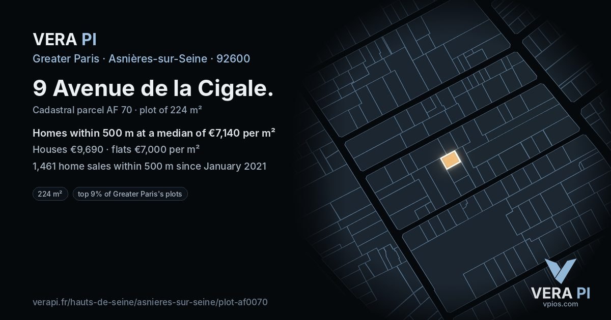 9 Avenue de la Cigale, Asnières-sur-Seine at night – the plot lit, the parcels around coloured by the prices near them