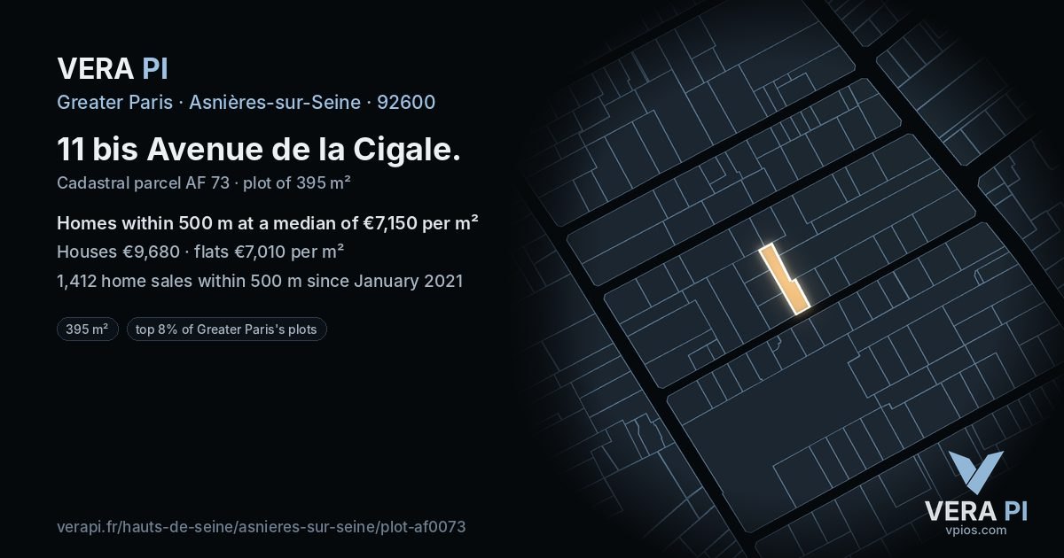 11 bis Avenue de la Cigale, Asnières-sur-Seine at night – the plot lit, the parcels around coloured by the prices near them