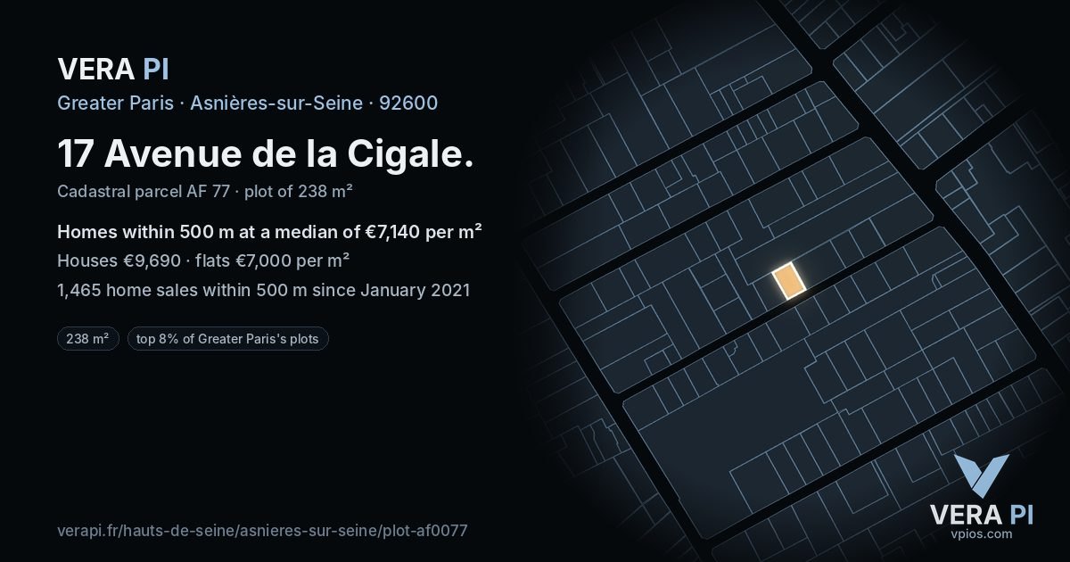 17 Avenue de la Cigale, Asnières-sur-Seine at night – the plot lit, the parcels around coloured by the prices near them