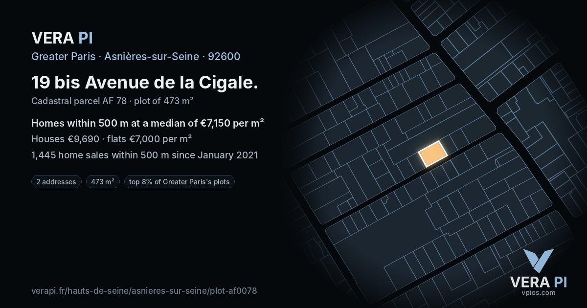 19 bis Avenue de la Cigale, Asnières-sur-Seine at night – the plot lit, the parcels around coloured by the prices near them