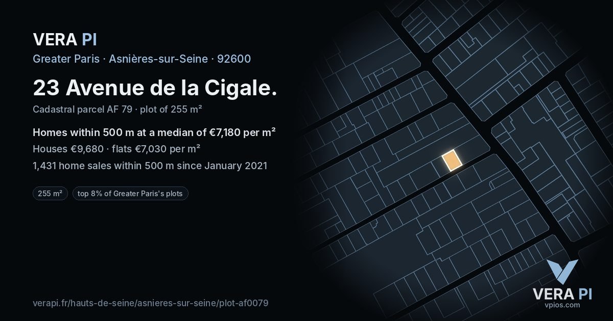 23 Avenue de la Cigale, Asnières-sur-Seine at night – the plot lit, the parcels around coloured by the prices near them