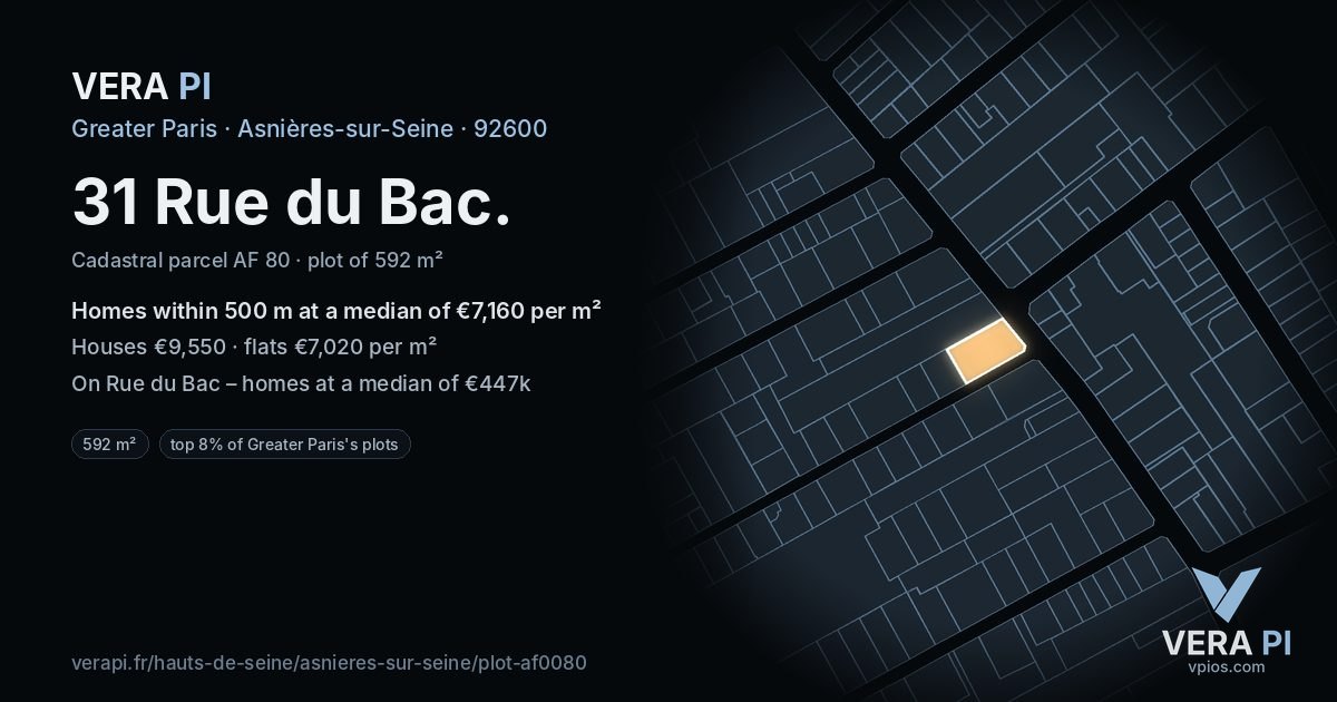 31 Rue du Bac, Asnières-sur-Seine at night – the plot lit, the parcels around coloured by the prices near them