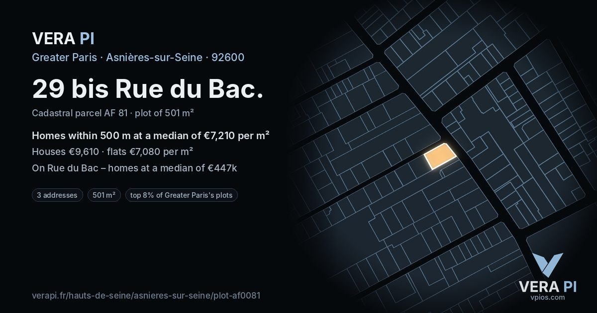 29 bis Rue du Bac, Asnières-sur-Seine at night – the plot lit, the parcels around coloured by the prices near them