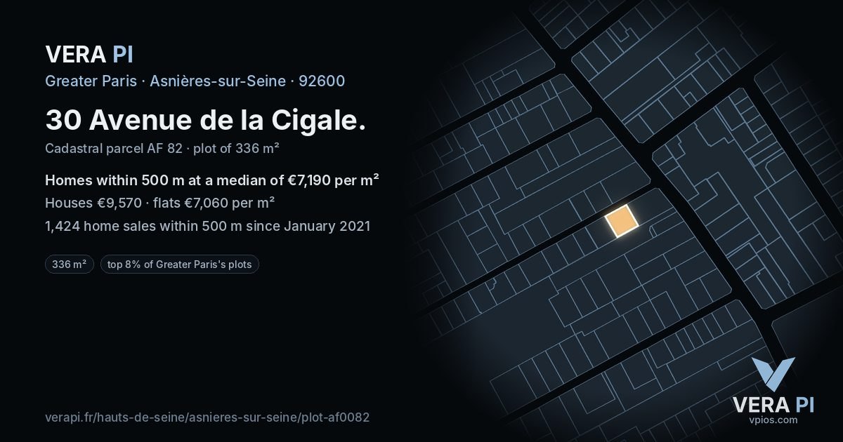 30 Avenue de la Cigale, Asnières-sur-Seine at night – the plot lit, the parcels around coloured by the prices near them